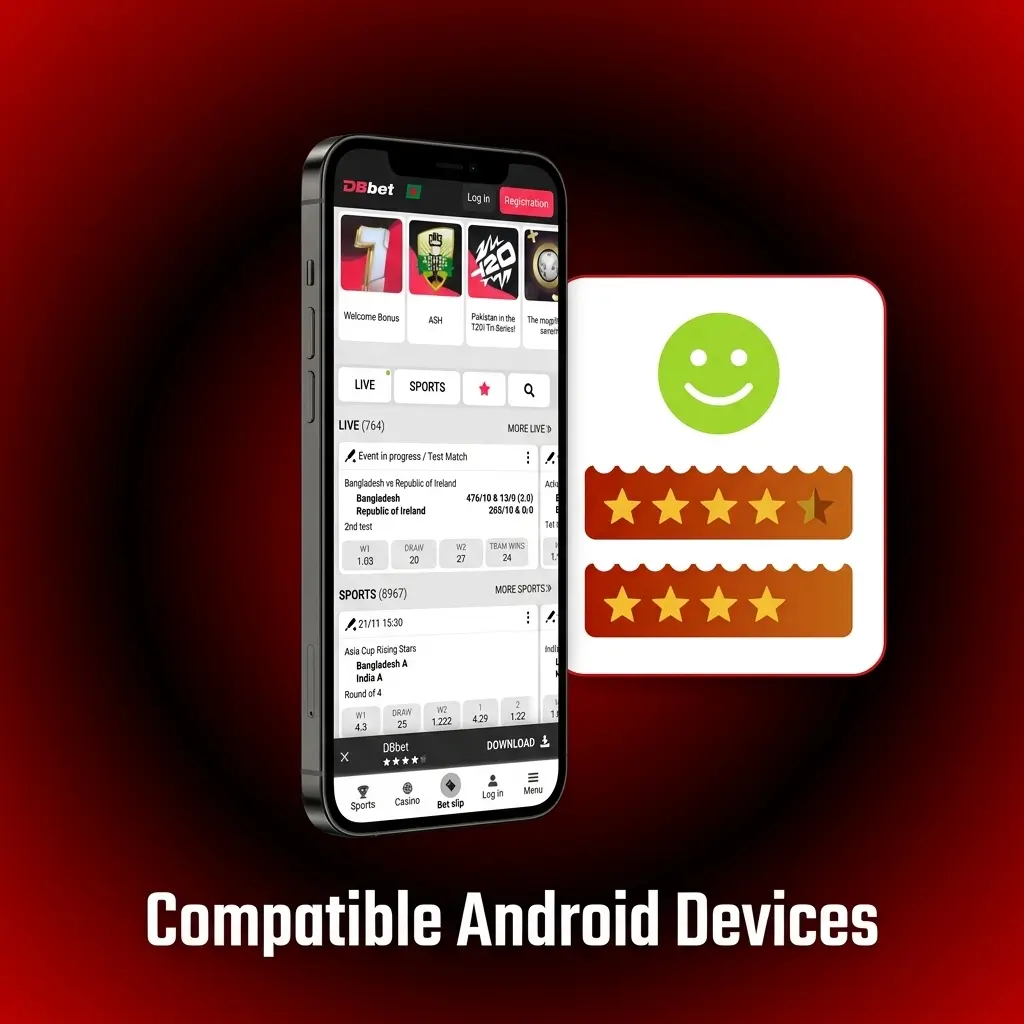 Compatible Android devices for DBBet app in Bangladesh including Samsung, Xiaomi, OPPO, Realme, Tecno and Infinix models