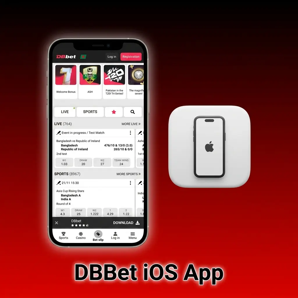 DBBet iOS app interface on iPhone and iPad showing sports betting and live casino features, free to download on iOS 12.0+