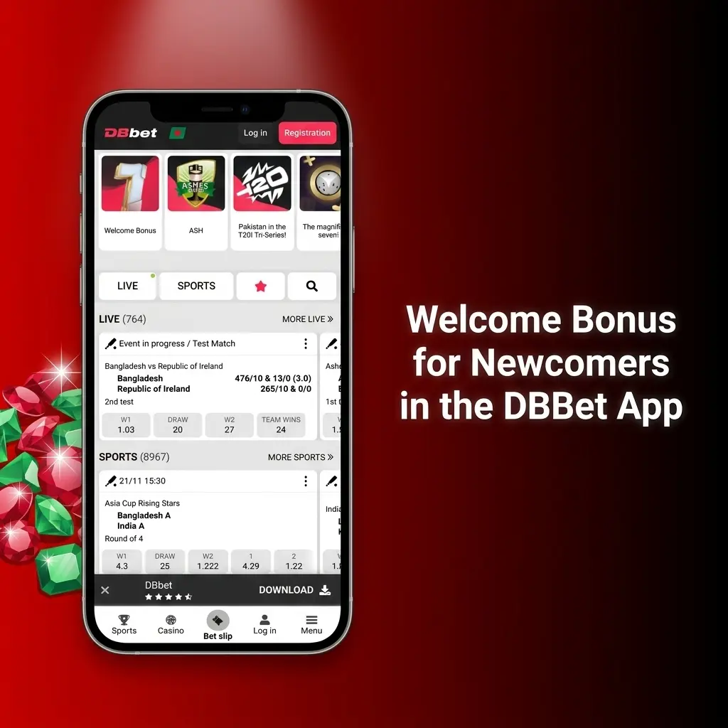 DBBet app welcome bonus screen showing casino and sports bonus options for new users up to ২২২৩১২ টাকা

Wait, I need to write in English only.

DBBet app welcome bonus for new users offering casino deposit match with free spins or sports first deposit bonus